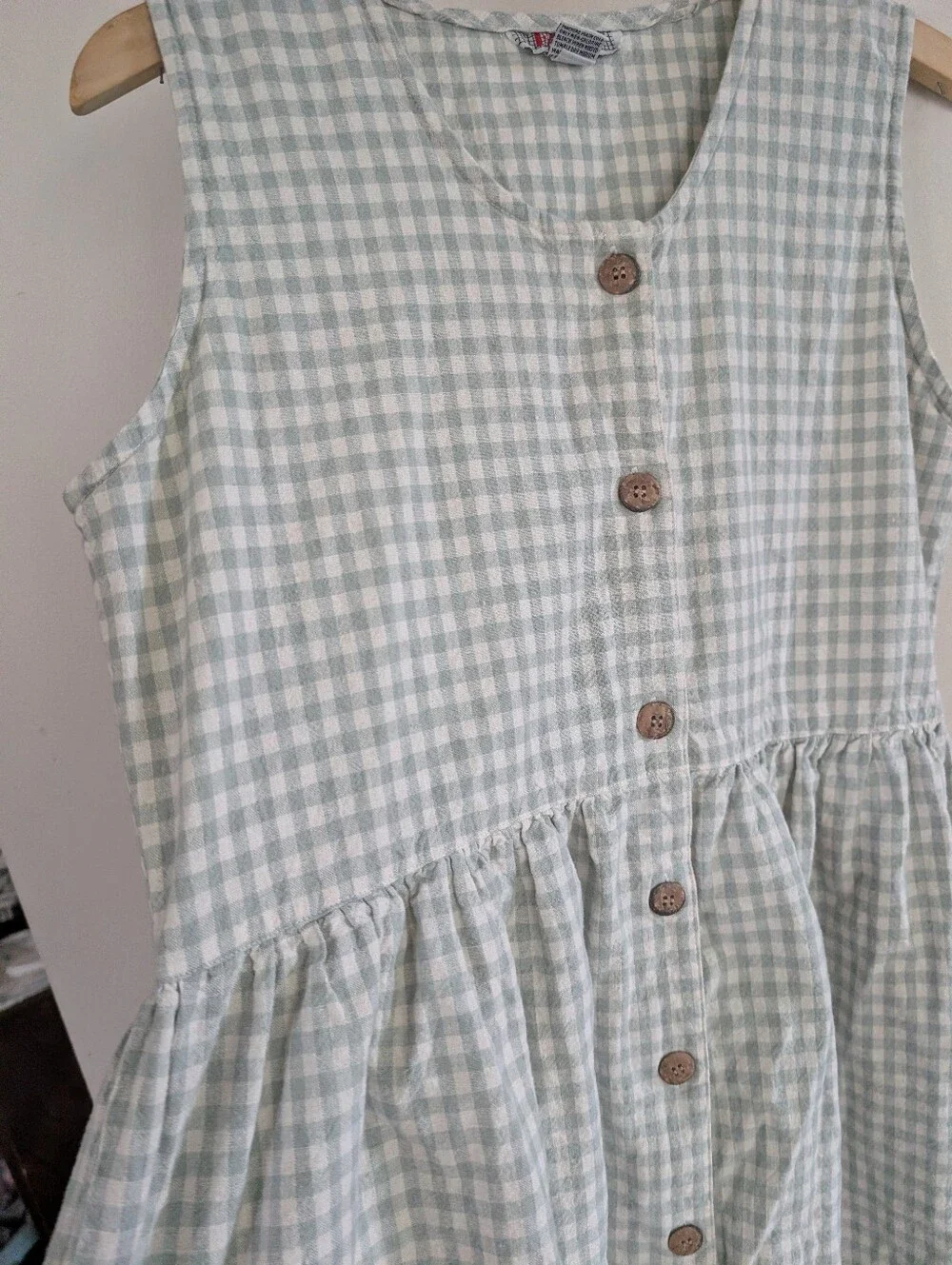 Vintage FADS 90s 1990s Sleeveless Light Green Gingham Button-Front Dress 14